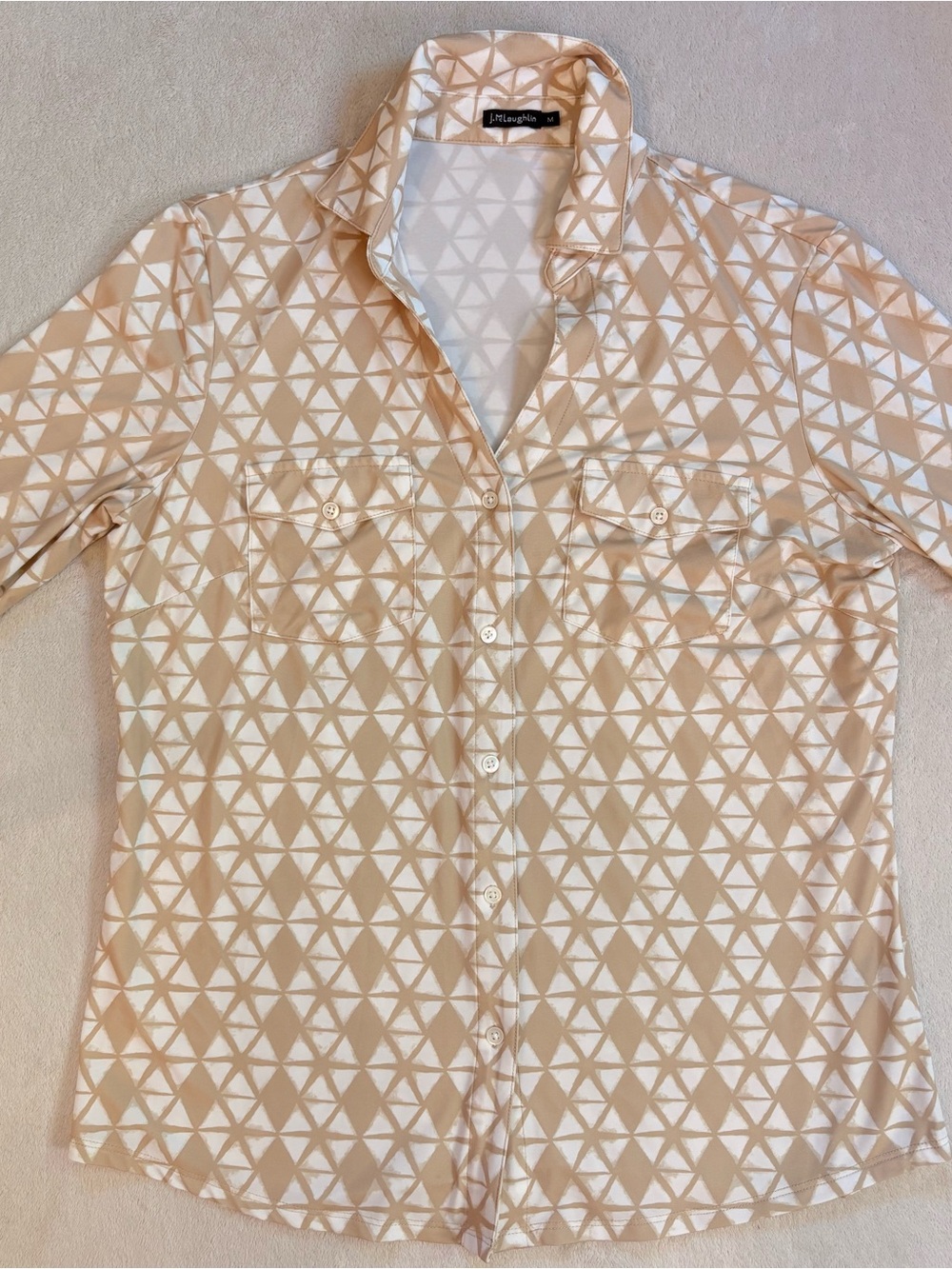 J. McLaughlin Beige and White Geometric Tan Ivory Button-Down Shirt Sz M